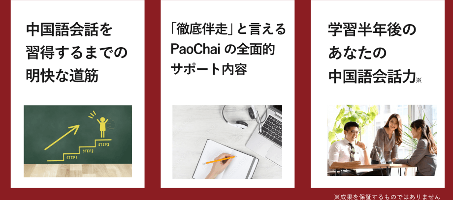 中国語会話を習得するまでの明快な道筋「徹底伴走」と言えPaoChaiの全面的サポート内容 学習半年後のあなたの中国語会話力　※ ※成果を保証するものではありません
